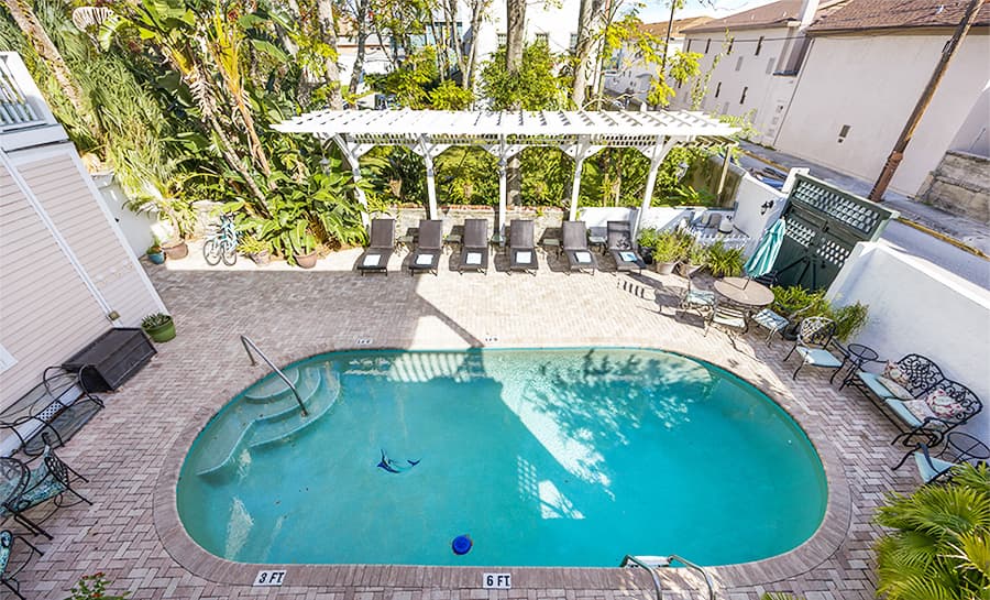 Aerial view of a swimming pool surrounded by lounge chairs and tropical plants.